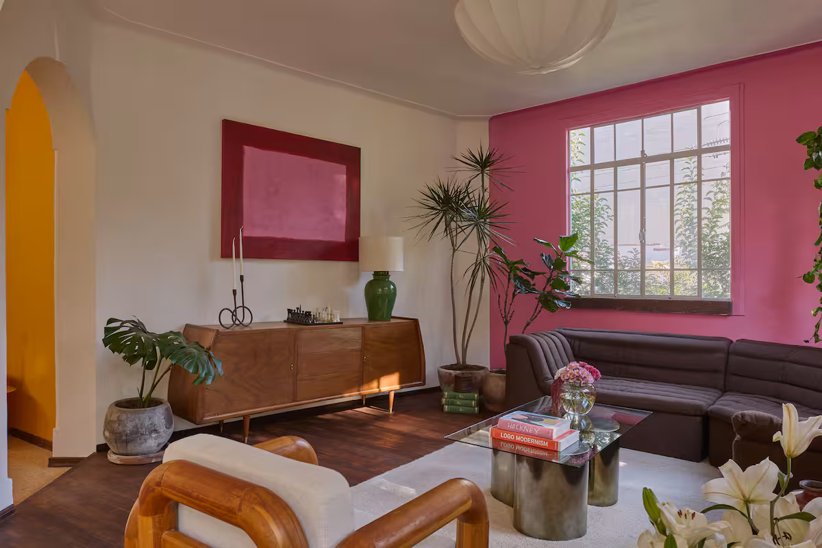 Airbnb living room with a pop of color